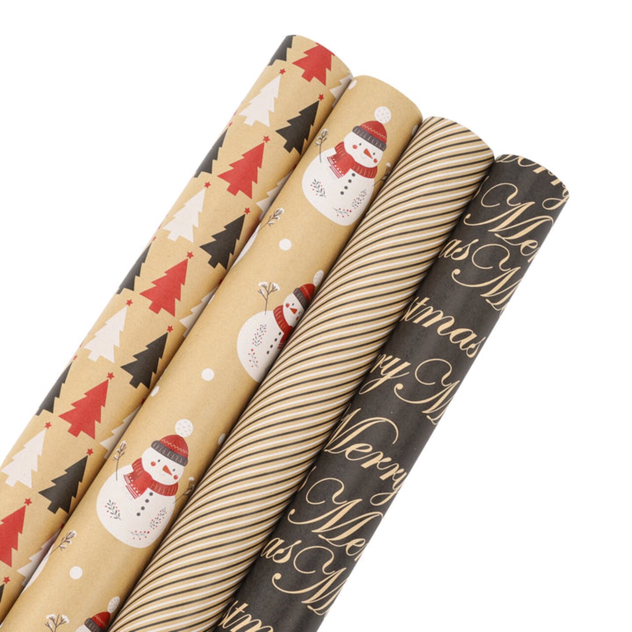 LaRibbons 30" x 10' Holiday Wrapping Paper Bundle (4-pack) | Black and Red Kraft w/ Snowman and Trees